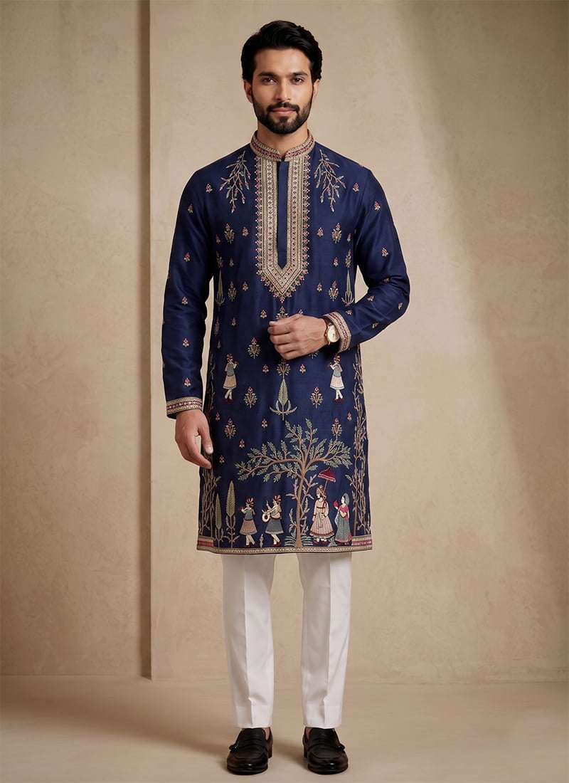 Navy Blue Satin Embroidered Kurta Pyjama For Men Festive Wear