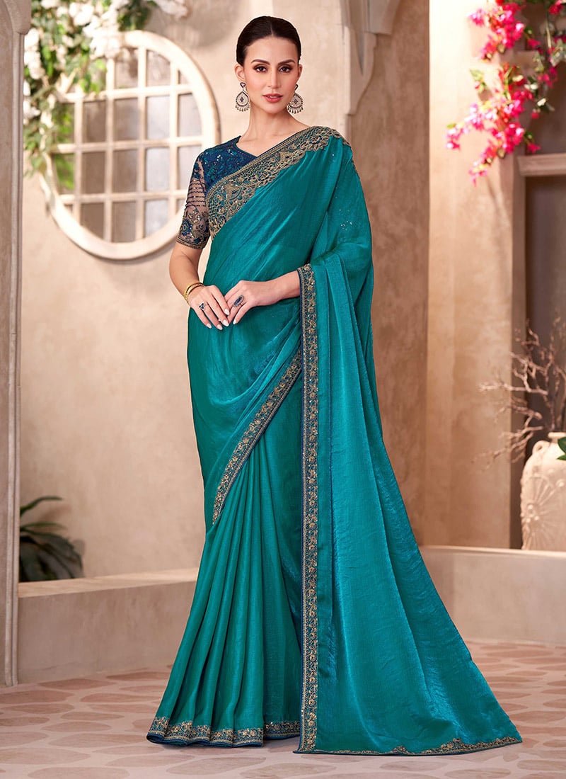 Blue Satin Embroidered Sequins Cut Work Saree