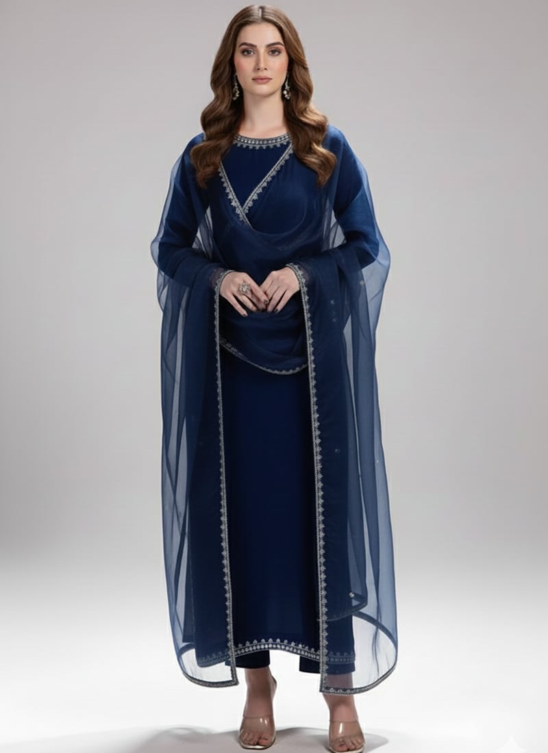 Navy Blue Satin Sequins Hand Embroidery Anarkali Suit Festive Wear