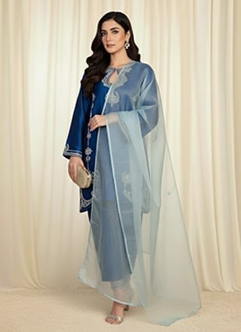 Navy Blue Satin Silk Resham Stones Straight Pant Suit