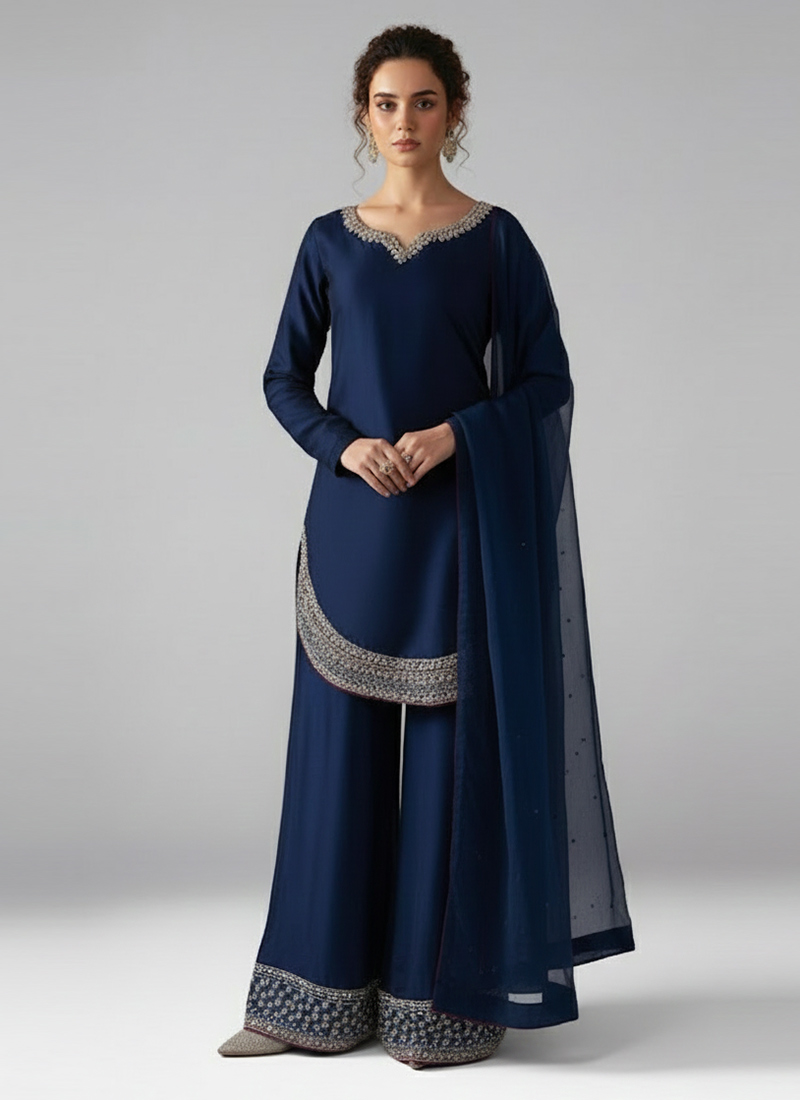 Navy Blue Satin Silk Zari Beads Hand Embroidery Palazzo Suit Festive Wear