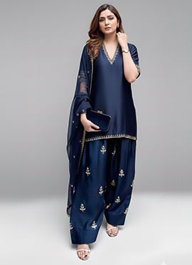 Navy Blue Satin Silk Zari Sequins Hand Embroidery Farshi Salwar Suit