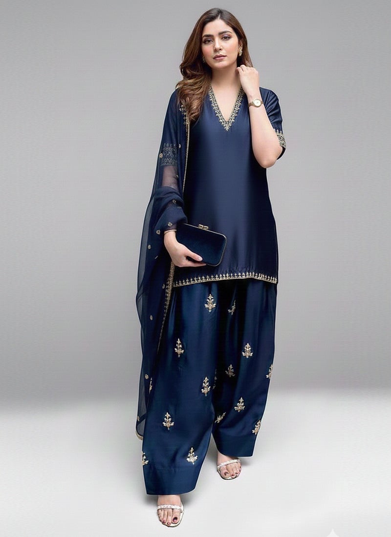 Navy Blue Satin Silk Zari Sequins Hand Embroidery Farshi Salwar Suit Festive Wear