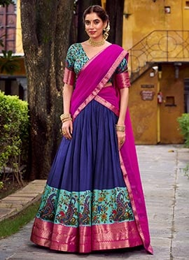 Navy Blue Silk A Line Lehenga With Zari And Printed Woven Detailing