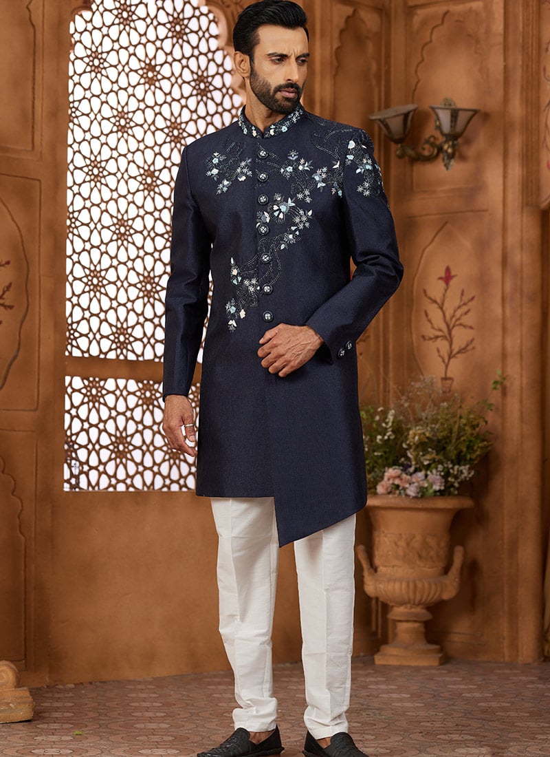 Navy Blue Silk Beads And Cutdana Hand Work Indowestern Sherwani Wedding Wear