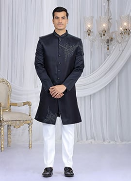 Navy Blue Silk Beads Sequins Hand Embroidered Cutdana Indowestern Sherwani Wedding Wear