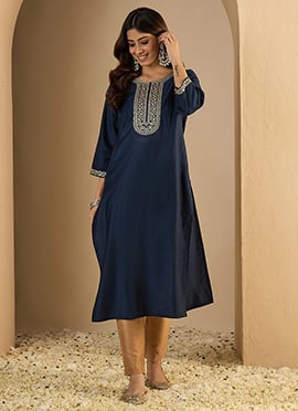 Navy Blue Silk Blend Embroidered Long Kurti
