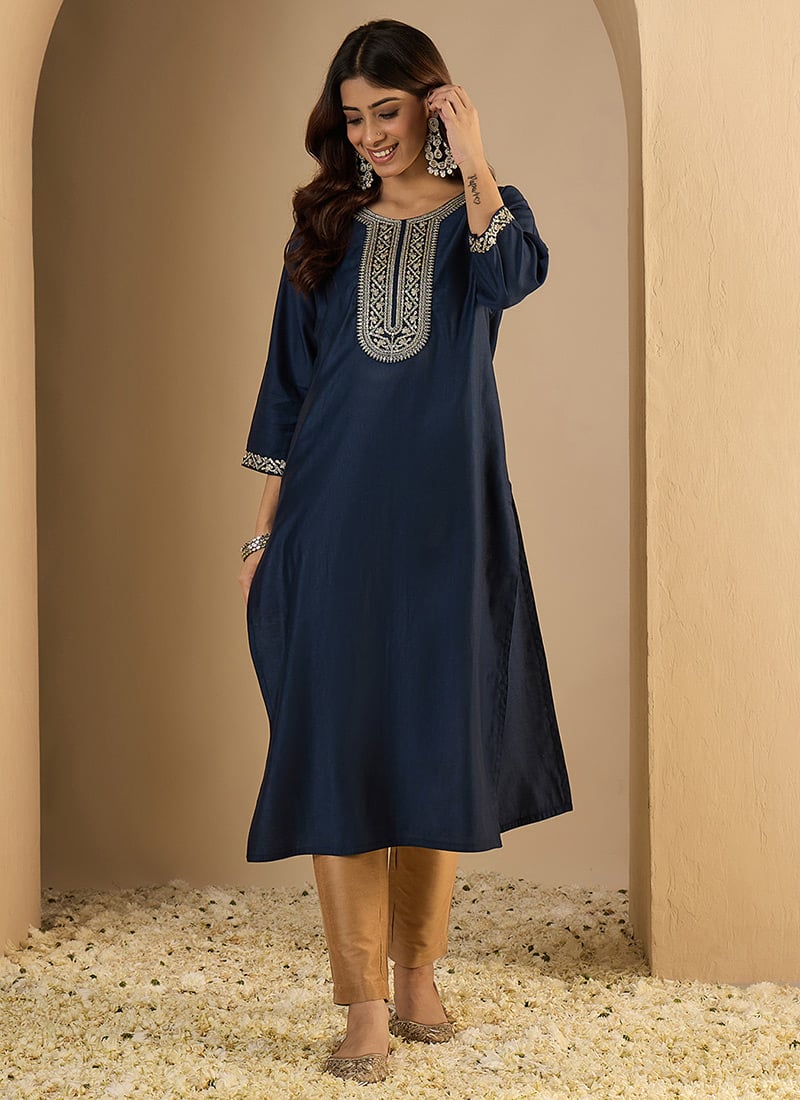 Navy Blue Silk Blend Embroidered Long Kurti After Six Wear