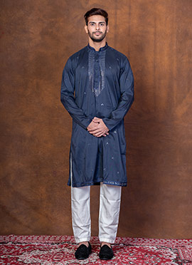 Navy Blue Silk Blend Embroidered Sequins Kurta Pyjama