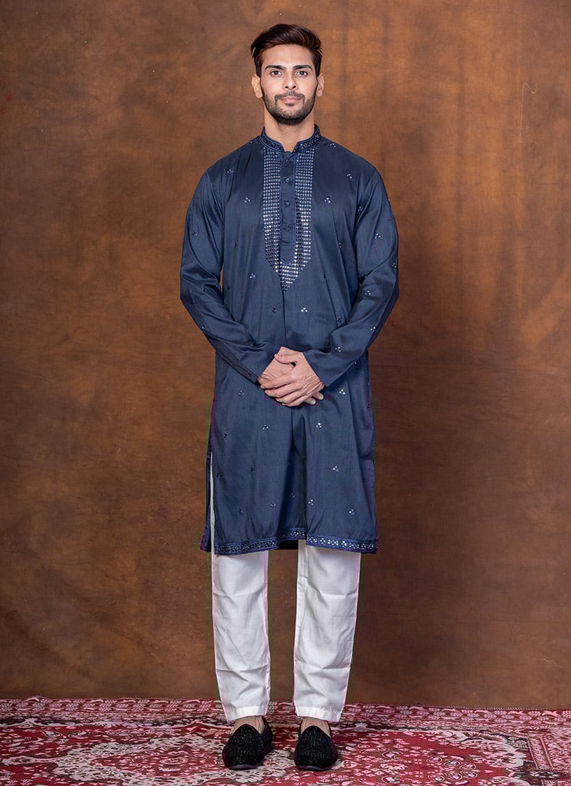 Navy Blue Silk Blend Embroidered Sequins Kurta Pyjama Festive Wear