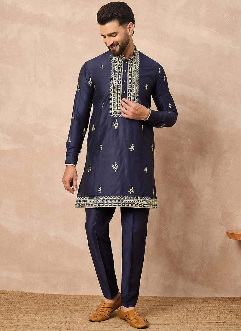 Navy Blue Silk Blend Embroidered Sequins Kurta Pyjama Festive Wear
