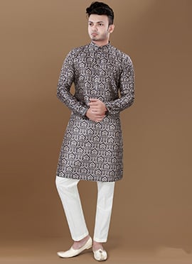 Navy Blue Silk Digital Print Kurta Pyjama