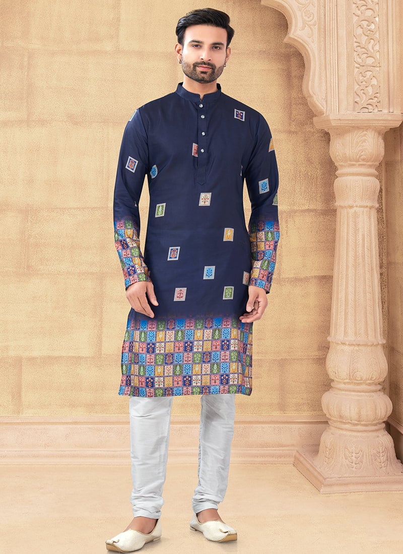 Navy Blue Silk Digital Print Kurta Pyjama Festive Wear
