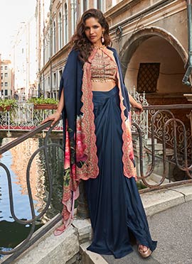 Navy Blue Crepe Digital Print Sequins Beads Mirror Work Indowestern Sets and Suits