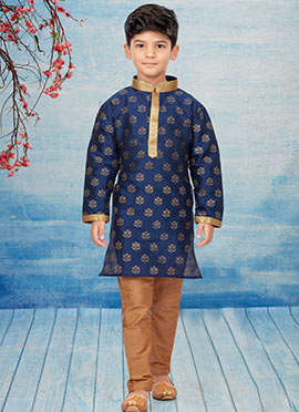 Navy Blue Silk Dupion Printed Kids Kurta Pyjama
