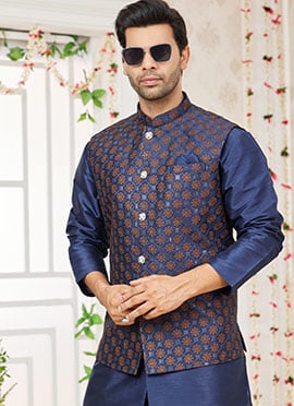 Navy Blue Silk Embroidered Bandhgala jacket For Men