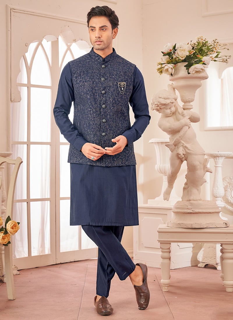 Navy Blue Silk Embroidered Bandi Set Festive Wear
