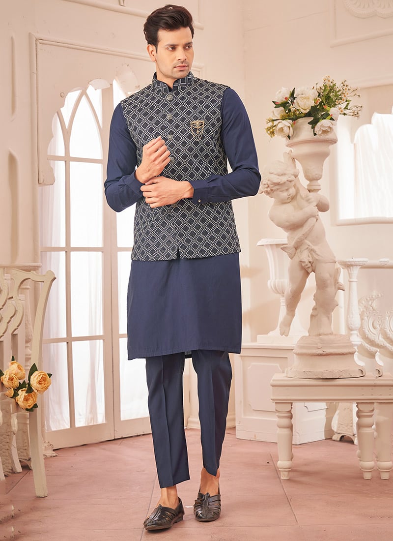 Navy Blue Silk Embroidered Bandi Set Festive Wear
