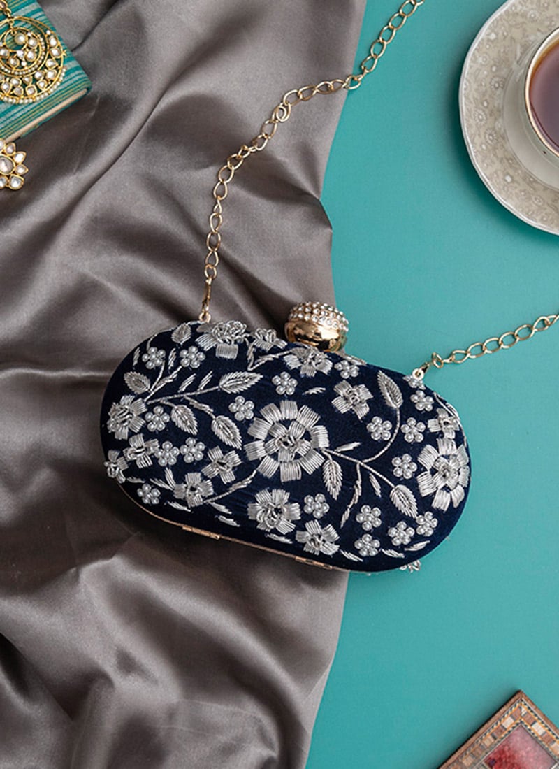 Navy Blue Silk Embroidered Clutch Embossed With Moti And Stones Party Wear