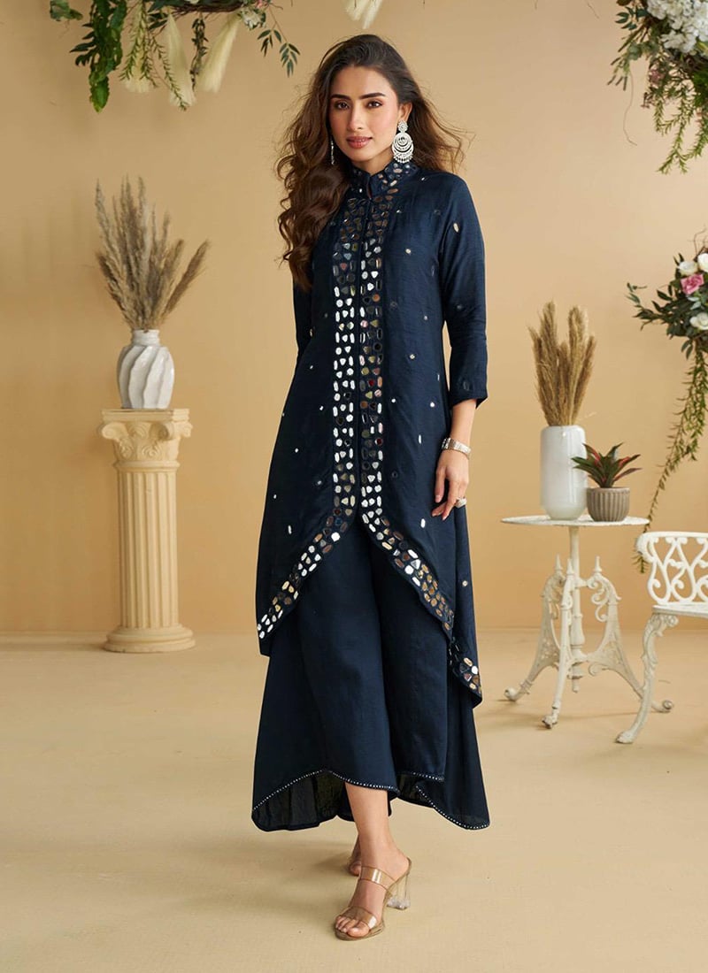 Navy Blue Silk Embroidered Foil Mirror Kurta Palazzo Set Festive Wear