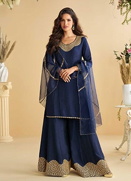 Navy Blue Silk Embroidered Gota Work Palazzo Suit
