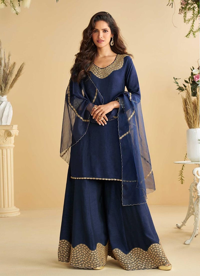 Navy Blue Silk Embroidered Gota Work Palazzo Suit Festive Wear