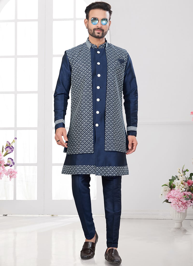 Navy Blue Silk Embroidered Indowestern Jacket Sherwani Festive Wear