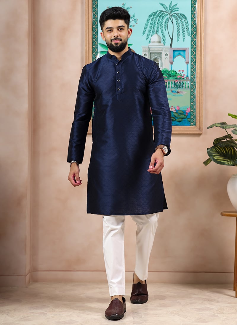 Navy Blue Silk Embroidered Kurta Pyjama For Men Festive Wear