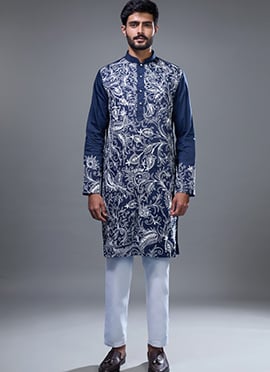 Navy Blue Silk Embroidered Kurta Pyjama