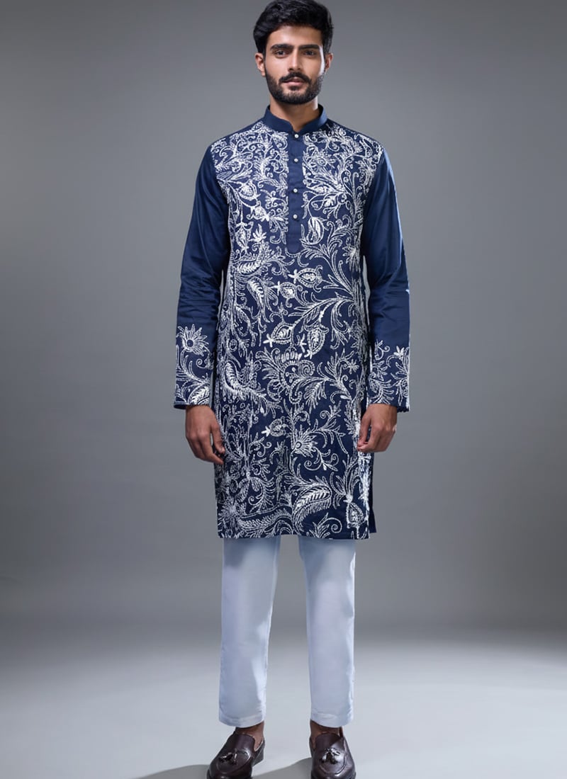 Navy Blue Silk Embroidered Kurta Pyjama Festive Wear