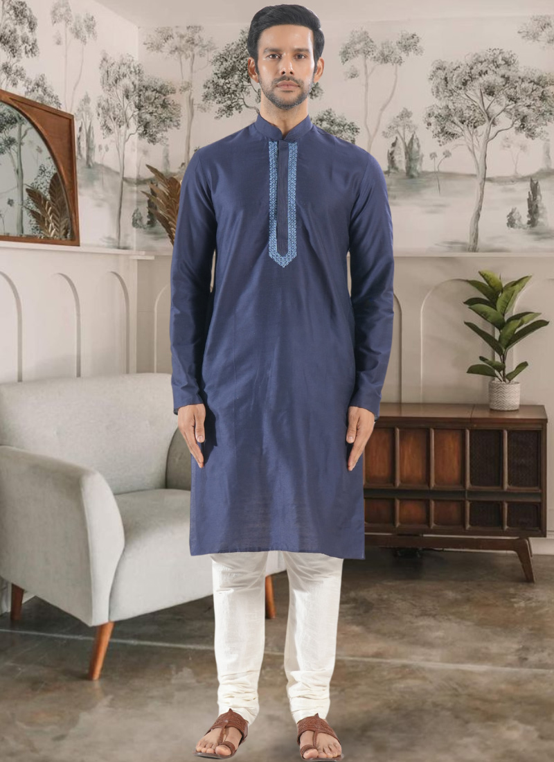 Navy Blue Silk Embroidered Kurta Pyjama Festive Wear
