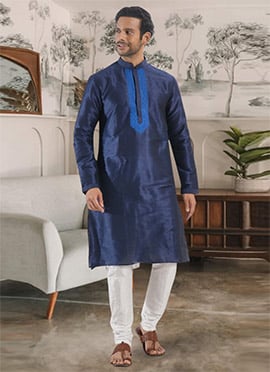 Navy Blue Silk Embroidered Kurta Pyjama