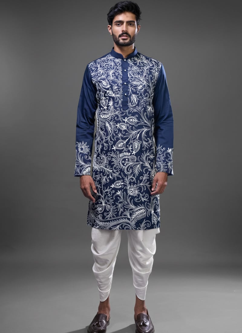 Navy Blue Silk Embroidered Kurta Pyjama Festive Wear