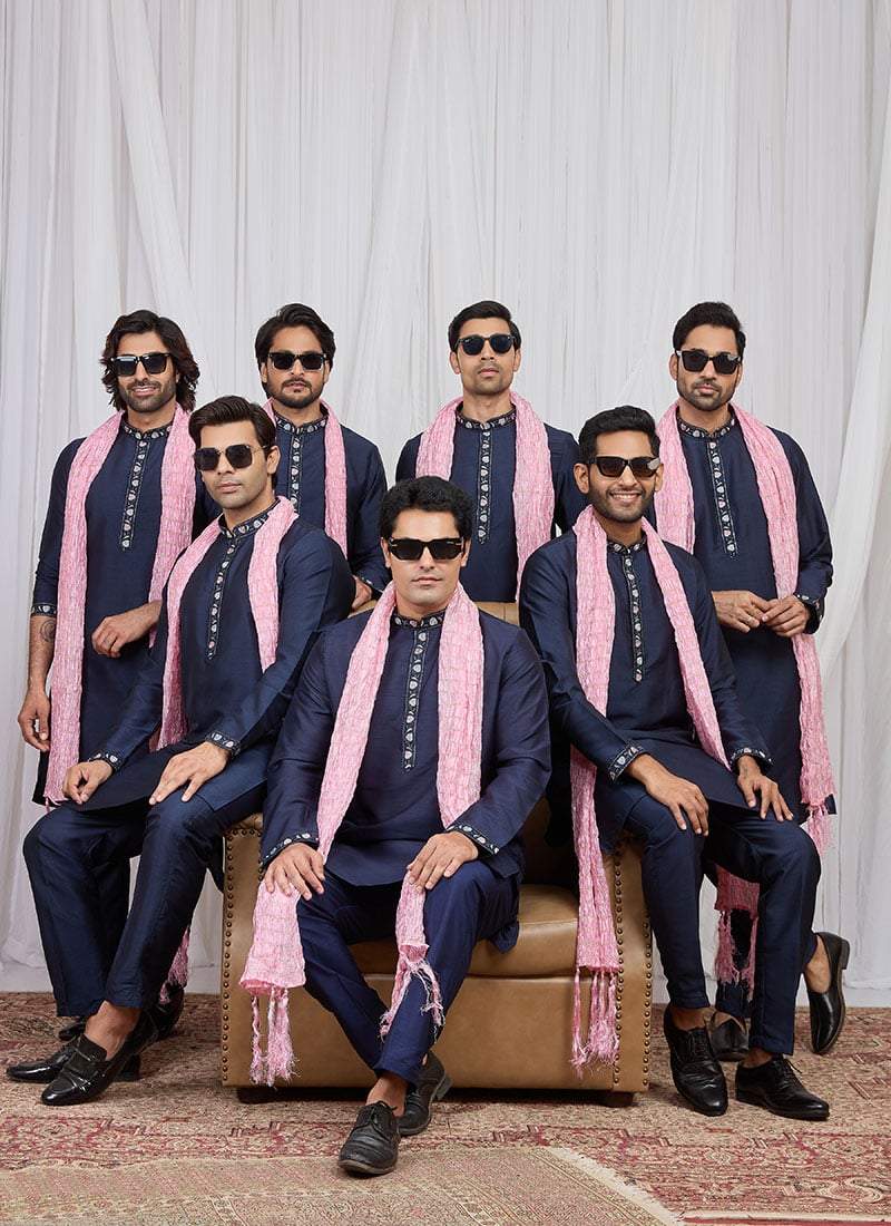 Navy Blue Silk Embroidered Kurta Pyjama Festive Wear