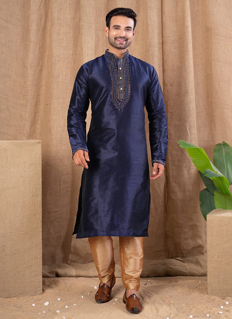 Navy Blue Silk Embroidered Kurta Pyjama Festive Wear