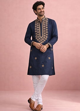 Navy Blue Silk Embroidered Kurta Pyjama