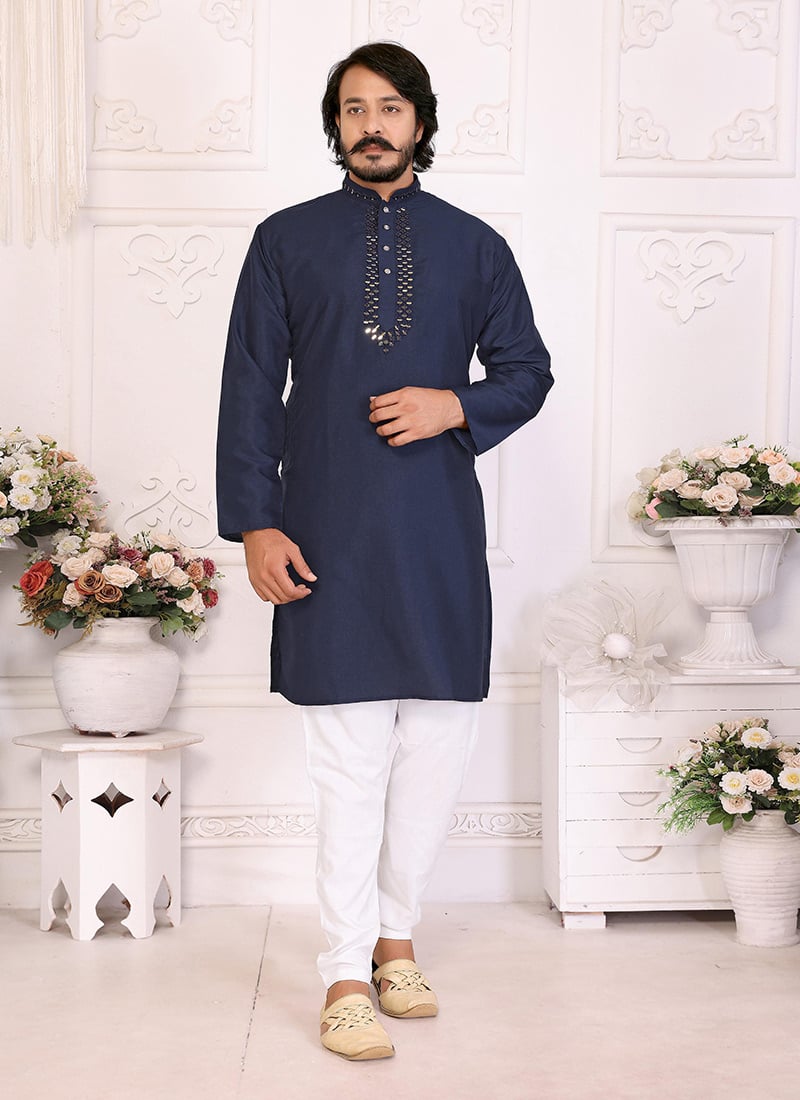 Navy Blue Silk Embroidered Kurta Pyjama Festive Wear