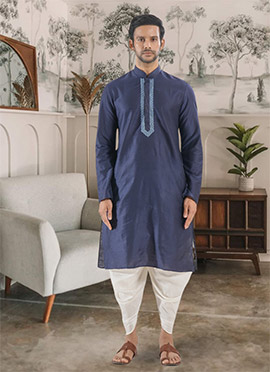 Navy Blue Silk Embroidered Kurta With Dhoti Style Pyjama