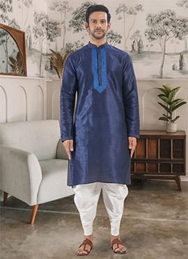 Navy Blue Silk Embroidered Kurta With Dhoti Style Pyjama
