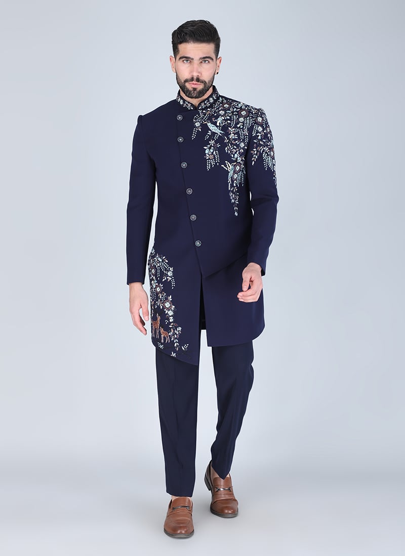 Navy Blue Silk Embroidered Sequins And Beads Indowestern Sherwani