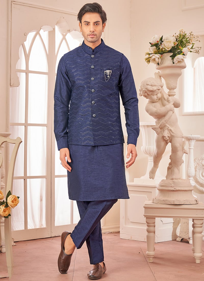 Navy Blue Silk Embroidered Sequins Bandi Set Festive Wear