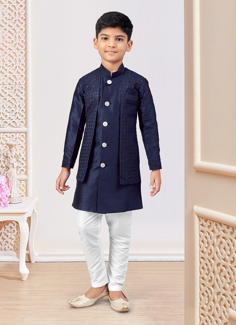 Navy Blue Silk Embroidered Sequins Boys Indowestern Sherwani