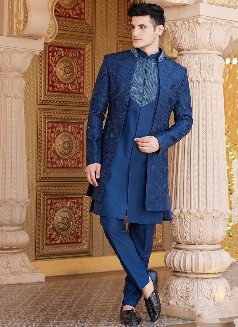 Navy Blue Silk Embroidered Sequins Indowestern Sherwani Wedding Wear