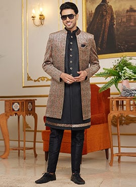 Navy Blue Silk Embroidered Sequins Indowestern Sherwani