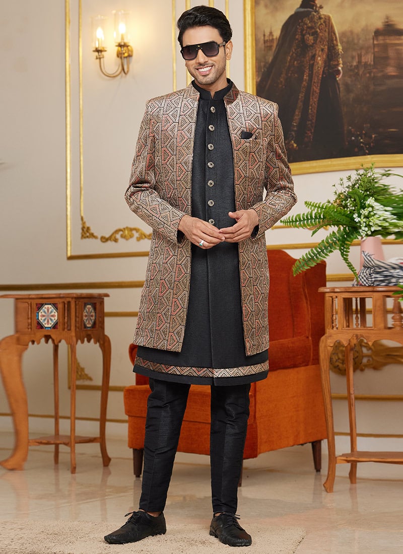 Navy Blue Silk Embroidered Sequins Indowestern Sherwani Wedding Wear