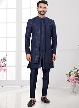Navy Blue Silk Embroidered Sequins Indowestern Sherwani