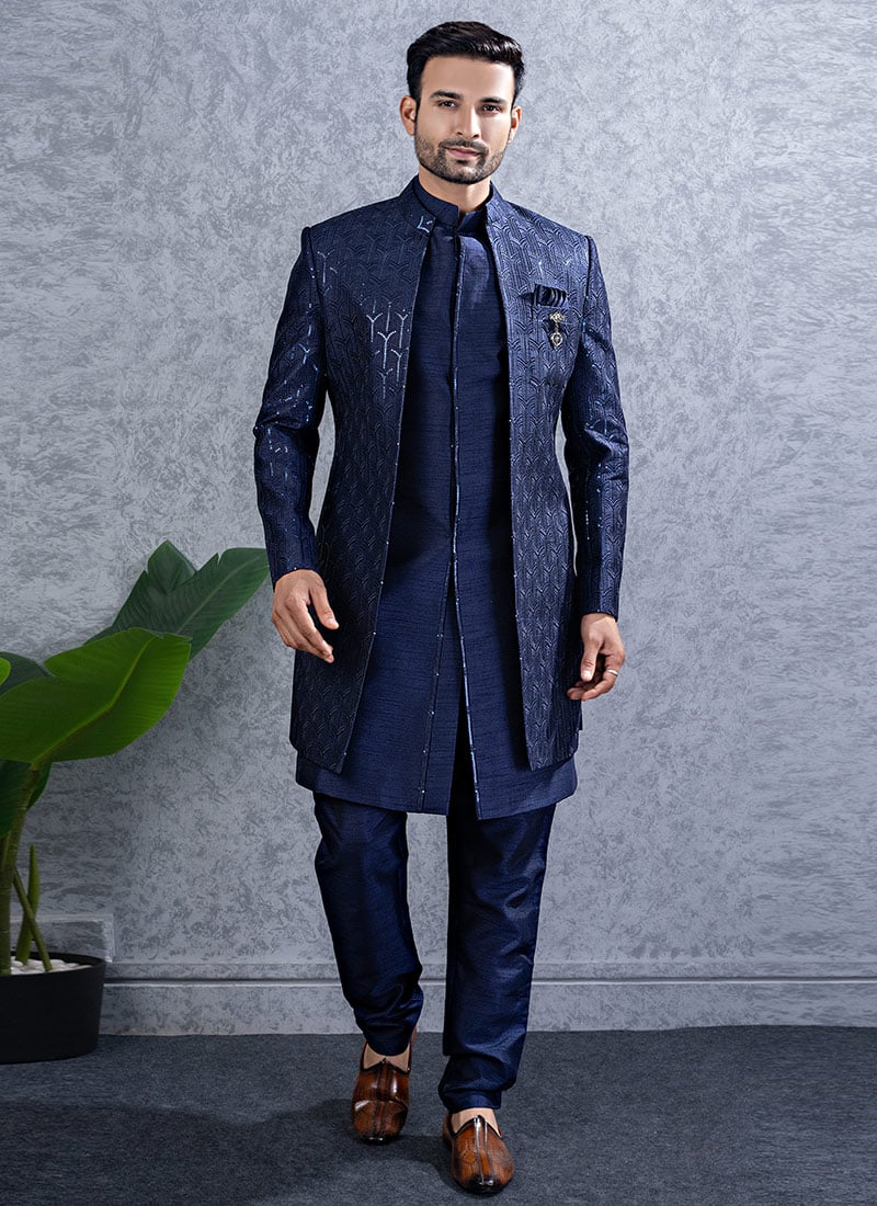 Navy Blue Silk Embroidered Sequins Indowestern Sherwani Wedding Wear