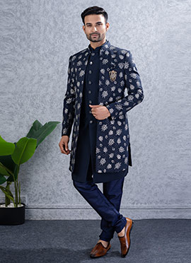 Navy Blue Silk Embroidered Sequins Indowestern Sherwani