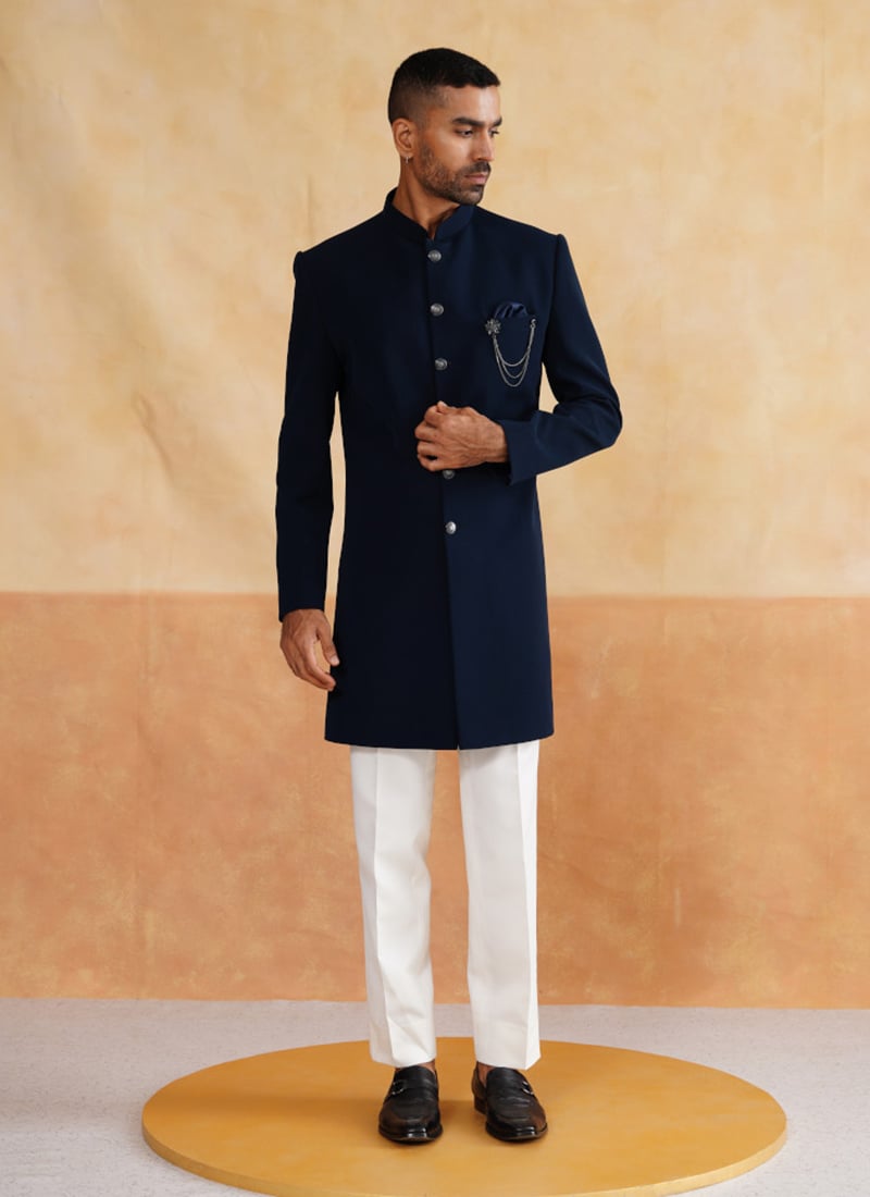 Navy Blue Silk Embroidered Sequins Indowestern Sherwani With Stole