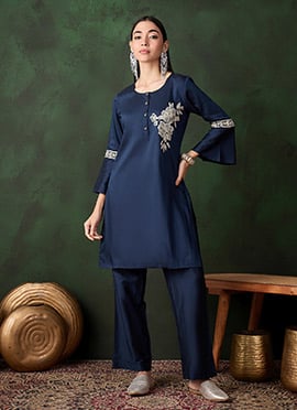 Navy Blue Silk Embroidered Sequins Kurta Straight Pant Set
